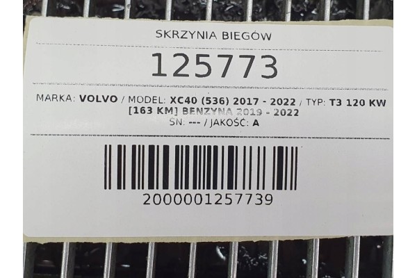 MANUAL TRANSMISSION P1285464 VOLVO XC40 1 5 B 163 Quality of parts according to GVO O original with manufacturer s logo OE