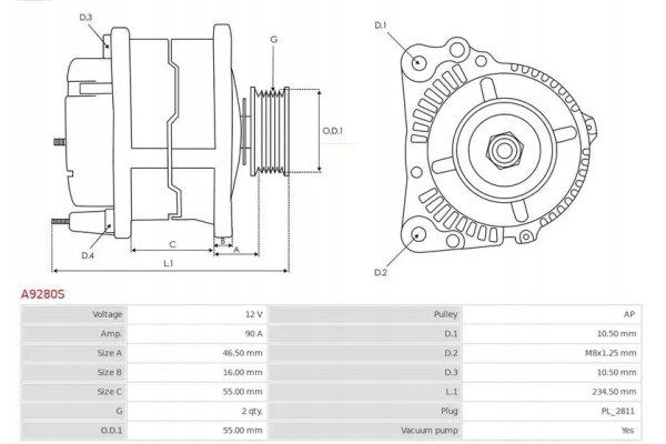 ALTERNATOR 90A A9280S AS PL HYUNDAI GALLOPER H100 Car type cargo vans passenger cars