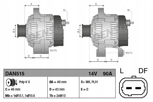 Alternator Citroen C2 C3 C4 C Elysee Peugeot 1007 301 307 Denso DAN 515 Catalog number of the part DAN515