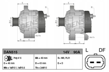 Alternator Citroen C2 C3 C4 C Elysee Peugeot 1007 301 307 Denso DAN 515 Catalog number of the part DAN515