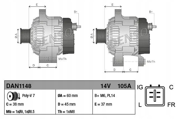 ALTERNATOR DAN1148 DENSO Part manufacturer Denso