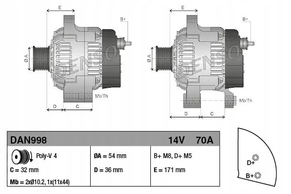 ALTERNATOR 70A DAN998 DENSO ALFA ROMEO FIAT BRAVO Part manufacturer Denso
