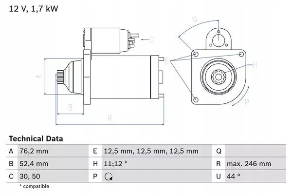 Starter motor 12V 1 7kW AUDI A1 A3 SEAT ALTEA A Part manufacturer Bosch