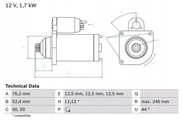 Starter motor 12V 1 7kW AUDI A1 A3 SEAT ALTEA A Part manufacturer Bosch