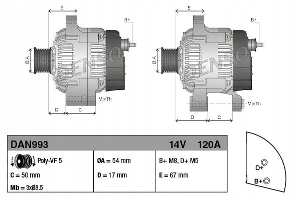 ALTERNATOR 120A DAN993 DENSO ALFA ROMEO FIAT BRAVO Part manufacturer Denso