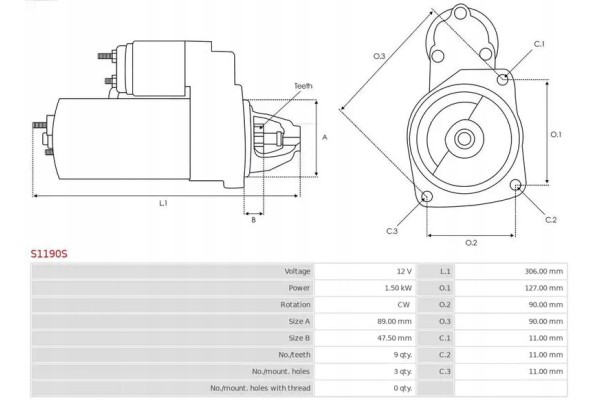 STARTER S1190S AS PL Catalog number of substitutes AS PL SBH1045S HC Cargo F 032 111 872 HC Cargo F 032 112 530 WAI 4337N