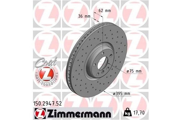 Zimmermann 150 2947 52 Brake disc front LEFT BMW X5 X6 1 PIECE Catalog number of the part 150 2947 52