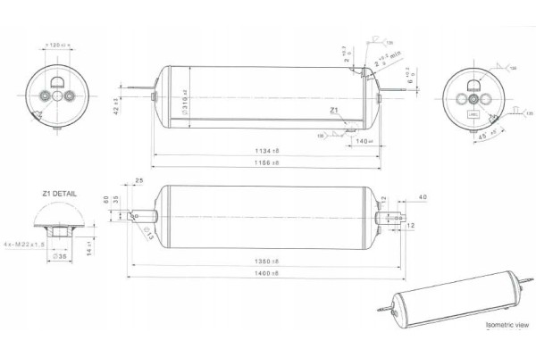 AIR TANK 80 LITERS 320x1100 SCHMITZ 1189864 Catalog number of the part 08 07 SC 028 BHT