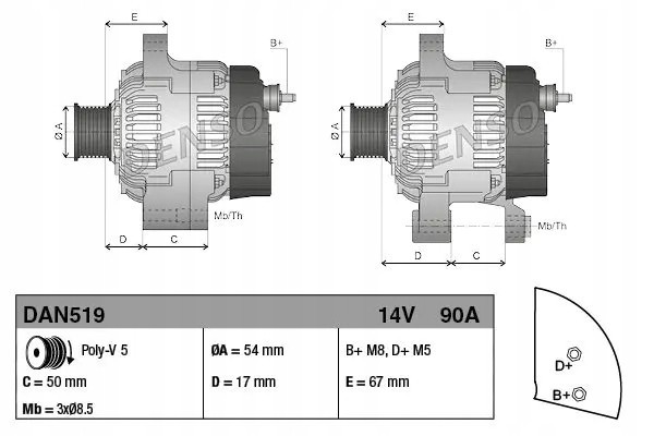 ALTERNATOR 90A DAN519 DENSO ALFA ROMEO FIAT BRAVA Part manufacturer Denso