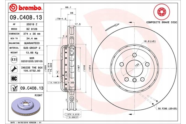 Brake disc Brembo for BMW 7 F01 F02 F03 F04 08 OEM 34116785676 Part manufacturer Brembo