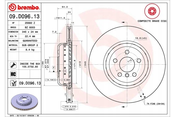Brake disc rear for BMW 5 G30 2016 2023 1 piece Part manufacturer Brembo