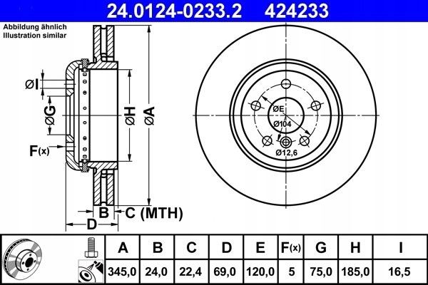 Brake disc ATE for BMW 5 F10 rear 345x24mm new 24 0124 0233 Part manufacturer ATE