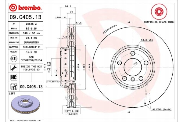 Brake disc Brembo for BMW 5 F10 2010 Left front OEM Part manufacturer Brembo