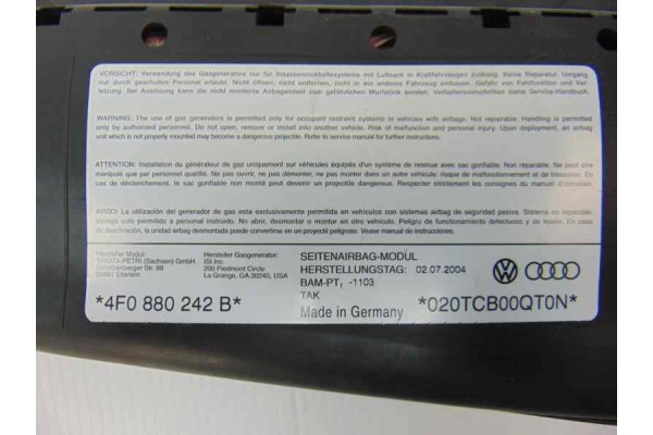 4F0880242B  AIRBAG LATERAL DERECHO AUDI A6 BERLINA (4F2) 3.0 TDI Quattro (165kW) 2004 4F0880242B 187098 AUDI - 2