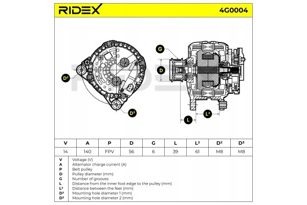 RIDEX 4G0004 Alternator Generator 140A 12V for VW GOLF VI 5K1 TOURAN Part manufacturer Ridex