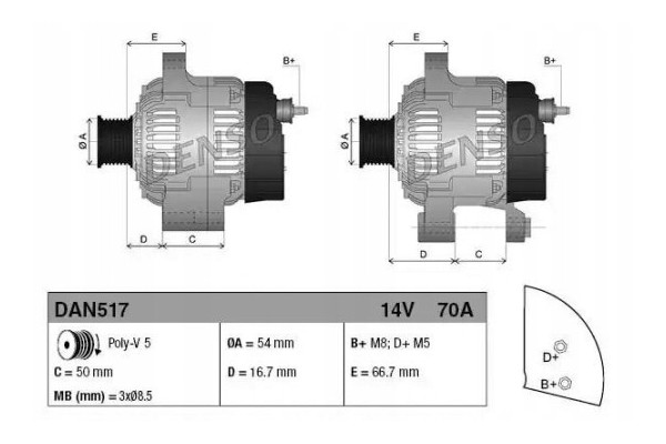 ALTERNATOR DENSO DAN517 Product weight with unit packaging 7 kg