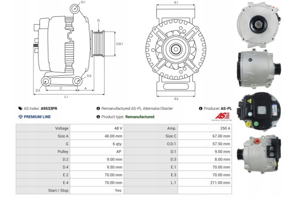 AS PL A9533PR Alternator Generator 250A 48V for AUDI A4 B9 Avant 8W5 8WD Catalog number of substitutes RIDEX 4G2607 AS PL ABE927
