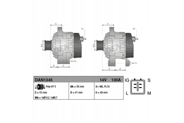 Alternator DAN1345 DENSO Car type cargo vans passenger cars