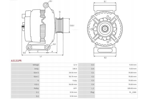 GENERATOR 140A A3131PR AS PL AUDI A3 8P 8PA 8P7 Tip avtomoblya furgon legkov avtomobl