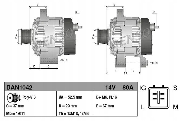 ALTERNATOR 80A DAN1042 DENSO TOYOTA AURIS _E15_ Part manufacturer Denso