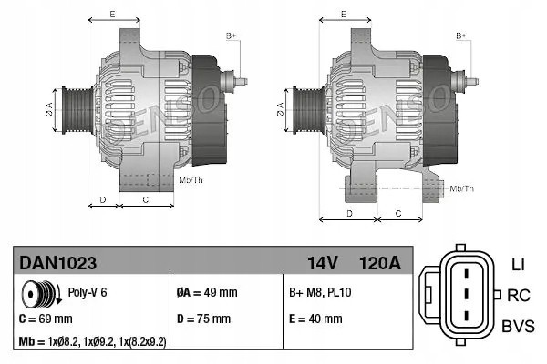 ALTERNATOR 120A DAN1023 DENSO FORD C MAX FOCUS Catalog number of the part DAN1023