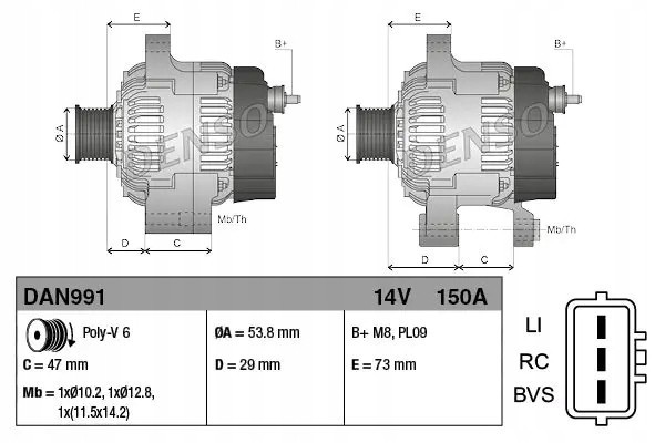 ALTERNATOR 150A DAN991 DENSO LAND ROVER Part manufacturer Denso