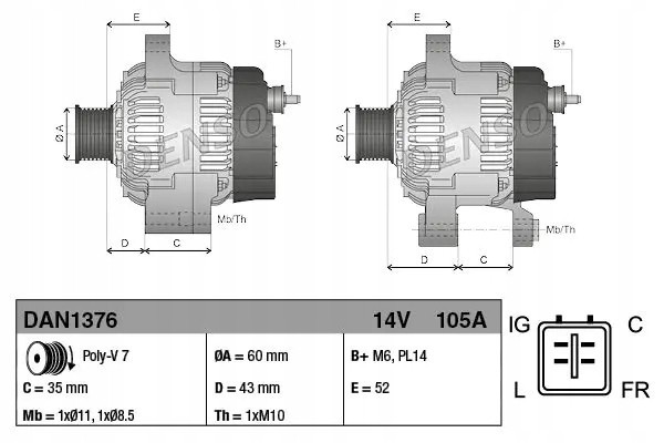 ALTERNATOR DAN1376 DENSO Part manufacturer Denso