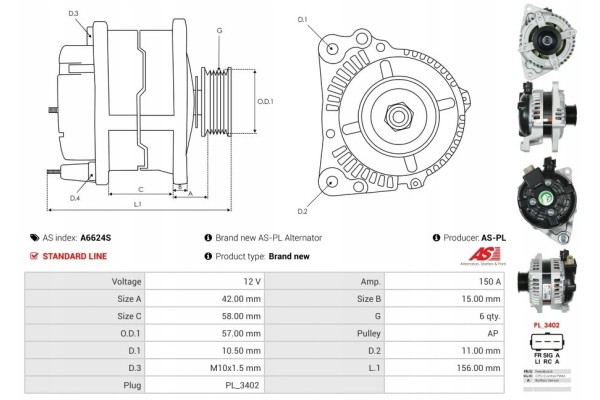New Alternator FORD Mustang 3 7 V6 Catalog number of substitutes AS PL A6624S AS PL ACH9017S
