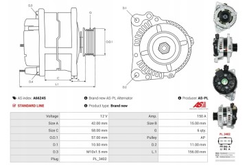 New Alternator FORD Mustang 3 7 V6 Catalog number of substitutes AS PL A6624S AS PL ACH9017S