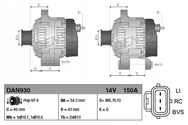 ALTERNATOR 150A DAN930 DENSO FORD C MAX FOCUS II Part manufacturer Denso