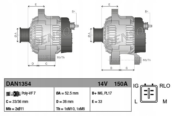 Alternator DENSO DAN1354 Part manufacturer Denso