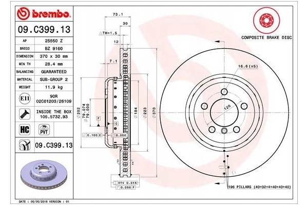 BREMBO BRAKE DISC FRONT 34106797606 09 C399 13 BMW 3 Packaging status original
