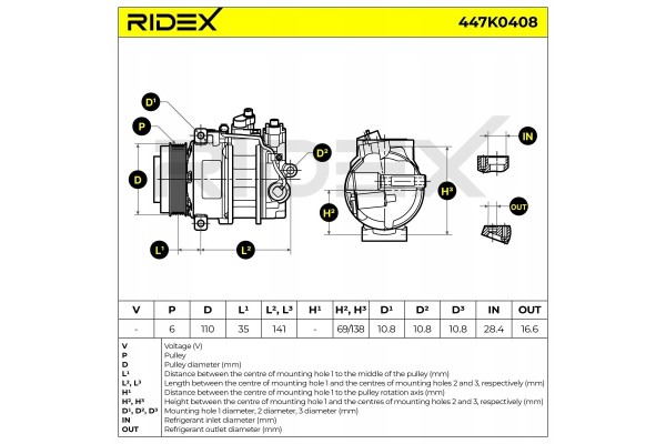 Air conditioning compressor RIDEX 447K0408 6SBU16C fits MERCEDES BENZ Catalog number of substitutes DENSO DCP17165 ALANKO 105516