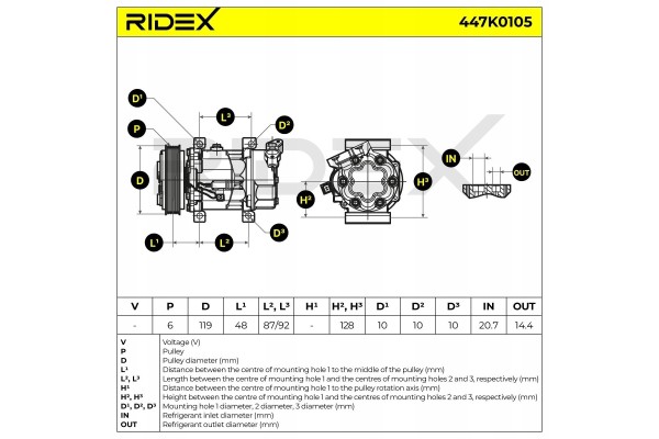 Air conditioning compressor RIDEX 447K0105 SD6V12 for RENAULT Clio IV Hatchback Catalog number of the original 926000734R 6453GZ
