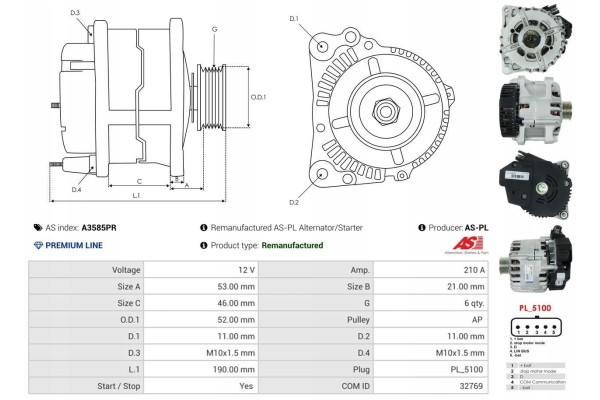AS PL A3585PR Starteral Alternator for OPEL GRANDLAND X A18 Vivaro C Van Catalog number of substitutes STARK SKASF 10120008 RIDE