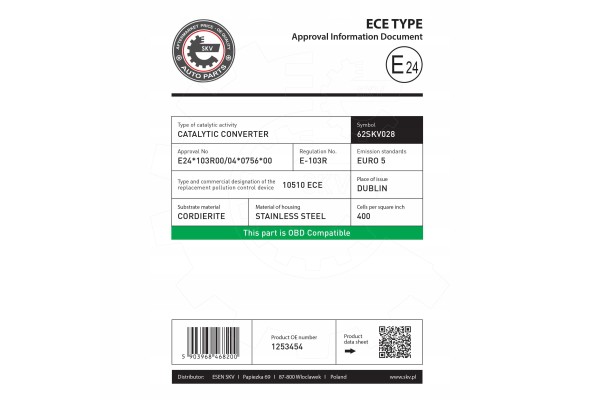 Catalyst FORD C max Focus II VOLVO C30 S40 II V50 1253454 Catalog number of substitutes KAMOKA 8015068