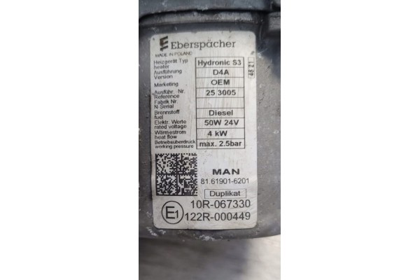 WATER PARKING HEATER EBERSPACHER MAN TG3 TGX TGS 2021 Catalog number of the part 81619016201