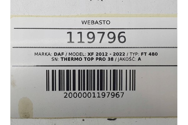 Calefactor Webasto Thermo Top 38 2294774 para DAF XF 106