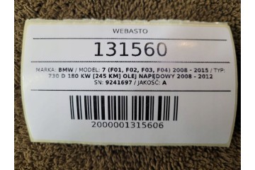 Calefactor Auxiliar Webasto BMW F01 F10 N57 3.0 D 9241697