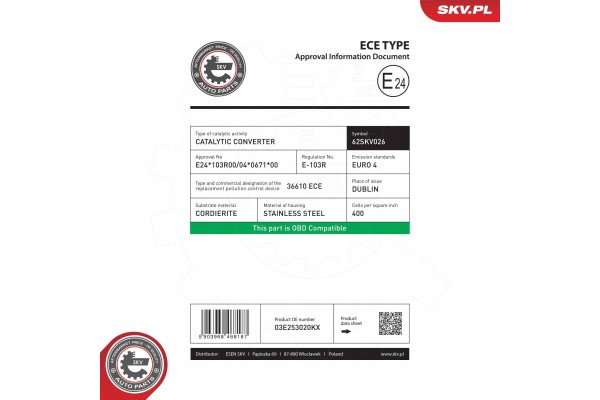 CATALYTIC CONVERTER SKV ESEN 62SKV026 Catalog number of substitutes A Z Meisterteile AZMT 40 010 2917 KAMOKA 8015064 LRT K7043N