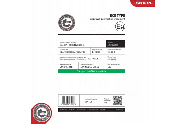 CATALYST SKV ESEN 62SKV003 Catalog number of the original CITROEN 0341L6 CITROEN 0341N8 MINI 18407559332 MINI 18407563247 PEUGEO