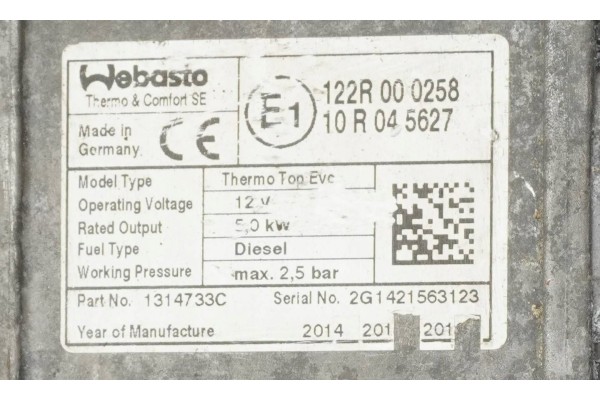 PARKING HEATER WEBASTO OPEL ASTRA ZAFIRA 1317413B 1314733C Catalog number of substitutes 9019629J157