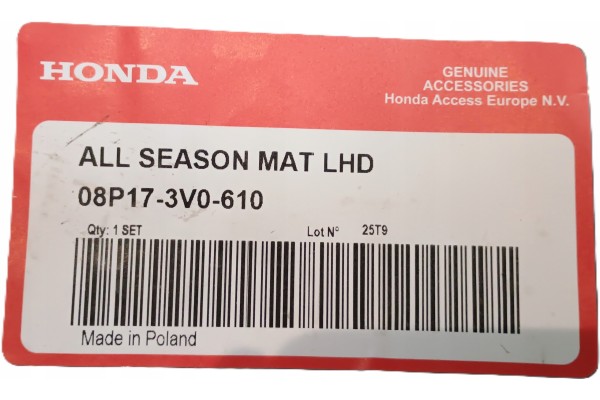 RUBBER RUGS FRONT REAR SET HONDA ZR V 2023 08P173V0610 ORIGINAL Catalog number of the part 08P173V0610