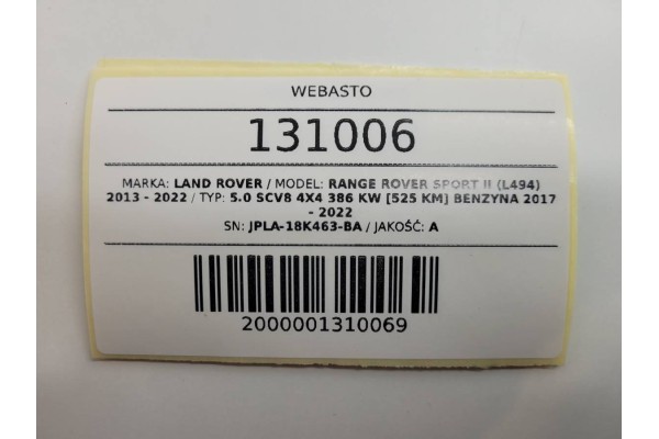 Calefactor estacionario Webasto para Range Rover Sport II L494 JPLA-18