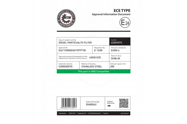 Particulate filter 62SKV573 OPEL ASTRA K INSIGNIA MERIVA MOKKA 55485042 Catalog number of the part 62SKV573