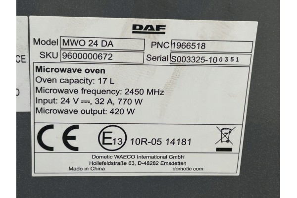 Microondas Dometic Waeco MWO24DA 19L 24V para DAF XG