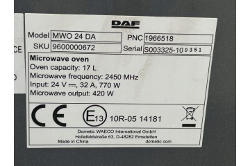 Microondas Dometic Waeco MWO24DA 19L 24V para DAF XG