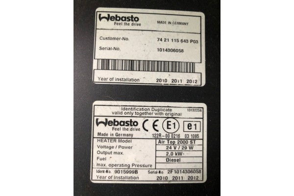 WEBASTO DEWASTO AIR TOP 2000ST ADR RENAULT PREMIUM MIDLUM DXI VOLVO FL FE Part manufacturer Webasto