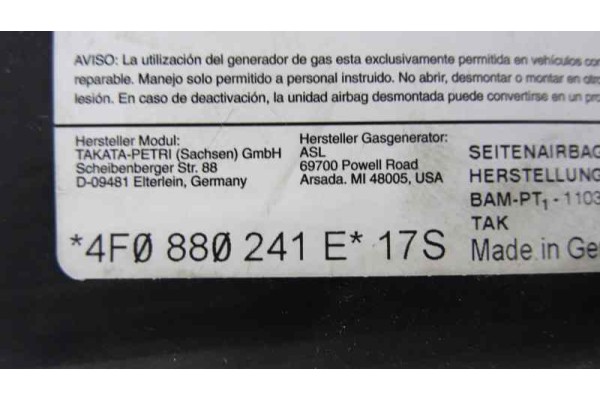 4F0880241E AIRBAG LATERAL IZQUIERDO AUDI A6 BERLINA (4F2) 2.0 TDI 2008 4F0880241E 164265 AUDI - 2