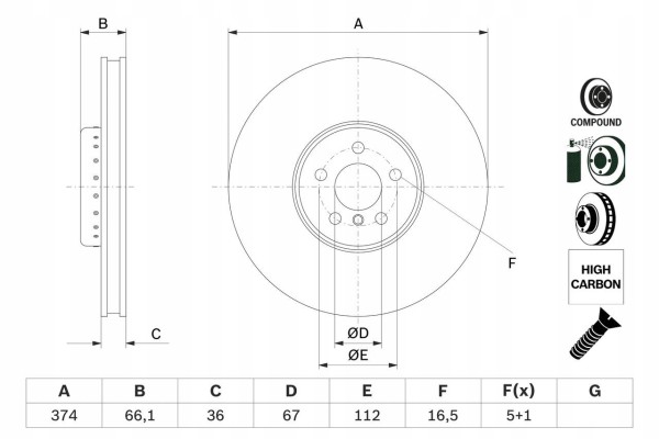 Brake disc front left 374x36 V two piece BOSCH 0 986 479 F60